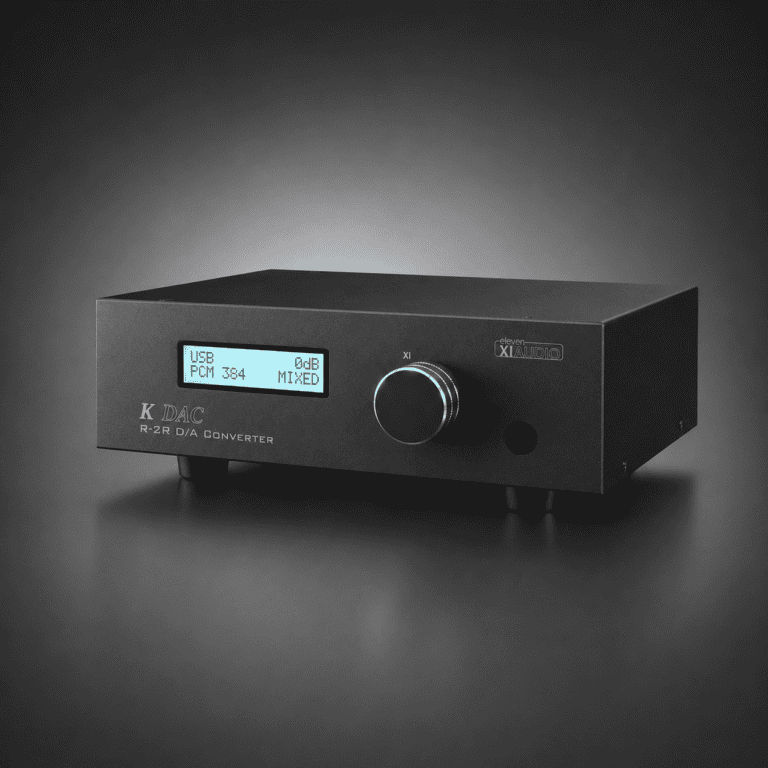 High-end R-2R DAC with brushed metal finish and multiple input ports.