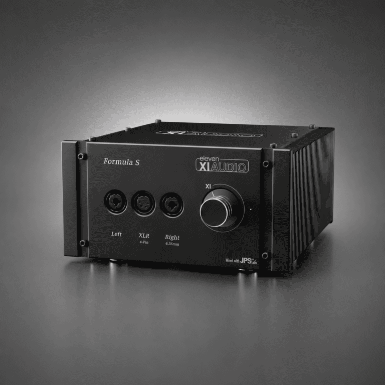 Eleven Audio Formula S headphone amplifier with XLR and RCA ports.