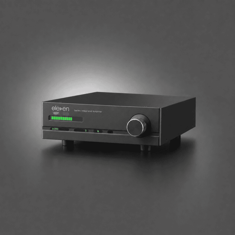 Eleven Audio A390 high-end headphone amplifier with brushed metal finish and LED indicators.