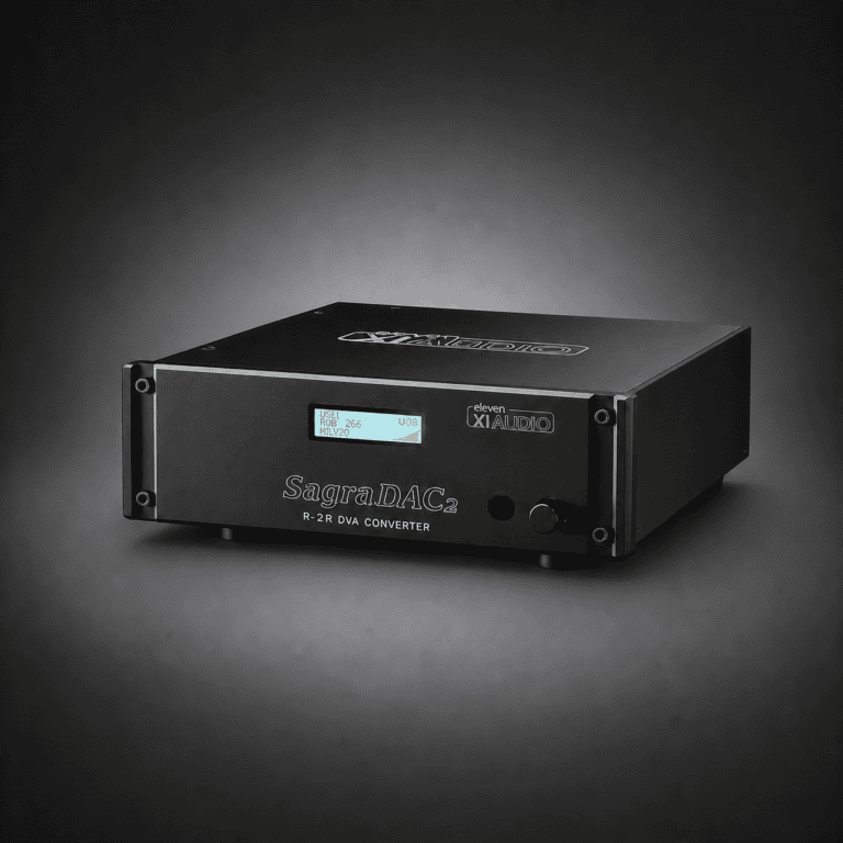 High-end DAC with brushed metal finish and digital display.