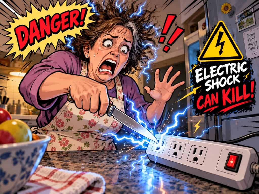 Woman shocked by electric shock from power strip with lightning effects.